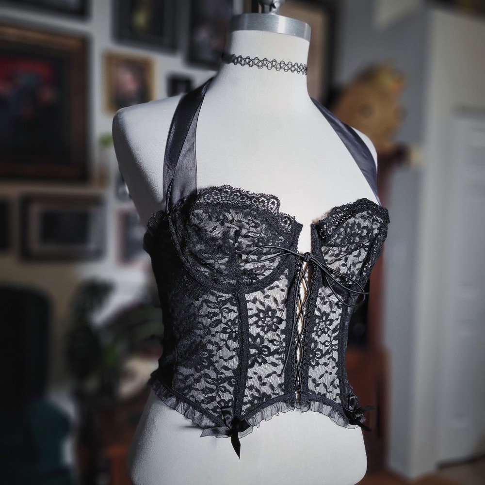 Corset Top Black Lace Halter Bustier Lace Up Goth Coquette Y2K‎ Party Blouse M